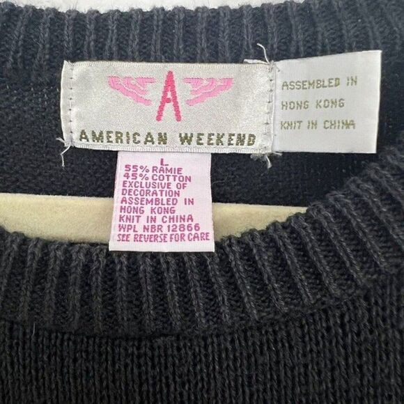 American Weekend Women’s Vintage 80s Black Knit Floral Embroidered Sweater Large - Picture 3 of 11